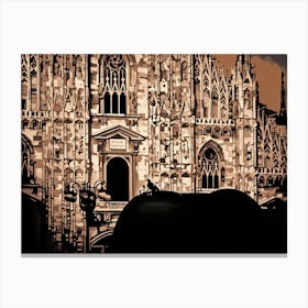 Gothic Cathedral Facade of Duomo of Milan. Cattedrale Metropolitana della Natività della Beata Vergine Maria. The image showcases a detailed close-up of a grand Gothic cathedral facade, rendered in a stylized, almost cartoon-like manner. The building is constructed from light-colored stone, featuring intricate carvings, pointed arches, and numerous windows with stained glass. 2 Canvas Print