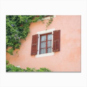 Summer vintage window with shutters on a pink wall with green Ivy in Italy - nature and travel photography by Christa Stroo photography Canvas Print