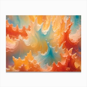 A Close Up Of Abstract, Swirling Shapes In Shades Of Orange, Blue, And Pink, Resembling A Liquid Or Paint, Creating A Dynamic And Artistic Composition Canvas Print