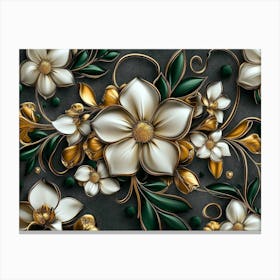 Luxury Floral Seamless with Flowers Elegant Leather Texture Illustration Golden, Green, White Canvas Print