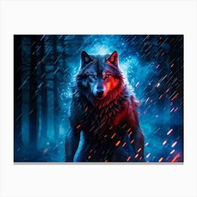 Full Body Wolf Enhanced With Blue And Red Sparks Amidst Rain Striking An Ethereal And Supernatural Canvas Print