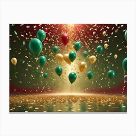 Festive Background Featuring Green, Gold, And Red Balloons Floating Amidst Falling Confetti Against A Dark Red Backdrop, Illuminated By A Bright Spotlight Canvas Print