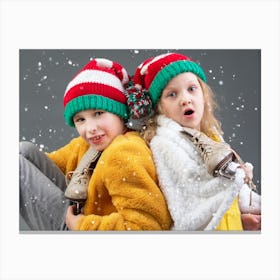 Two Children In Winter Hats Canvas Print