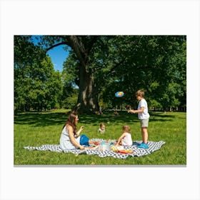 Family Of Four Enjoying A Day At The Park Scattered Picnic Items Children In Mid Laughter Chasing Toile