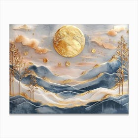 3d Modern Landscape Moon, Golden Christmas Trees with Colorful Mountains Canvas Print