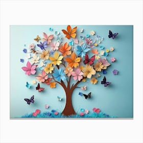 Colorful Floral And Butterfly On 3d Tree 1 Canvas Print