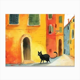 Bari, Italy   Black Cat In Street Art Watercolour Painting 1 Canvas Print
