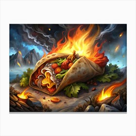 Burrito On Fire With Mountains In The Background Canvas Print