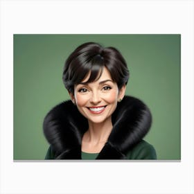 Portrait Of A Smiling Woman With Short Dark Hair And A Black Fur Collar On A Green Background Canvas Print