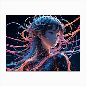 Portrait Of A Futuristic Female Character With Flowing Hair Adorned With Glowing Strands, Set Against A Dark Background Canvas Print