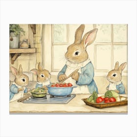 Rabbits Cooking in Cozy Kitchen Canvas Print