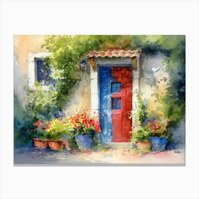 Watercolor Painting Of A Red And Blue Door Surrounded Door V2 Canvas Print