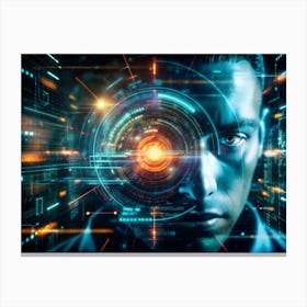 Close Up Of A Man S Face With A Futuristic Hud (Heads Up Display) Overlay, Suggesting Technological Enhancement And Data Visualization Canvas Print