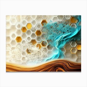 Abstract Golden Hexagons and White Lattice on Oak, Highlighted by An Abstract Turquoise Swirl Canvas Print