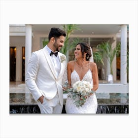 Bride And Groom Standing In Front Of Fountain Canvas Print