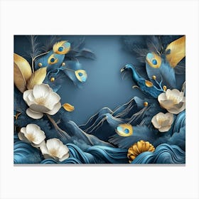 3d Modern Abstraction Art With Blue, Dark Green And Golden Tropical Leaf Branches Canvas Print