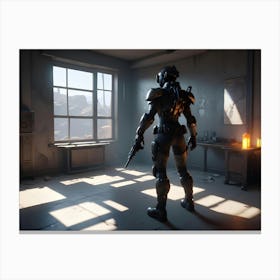 A Woman In A Futuristic, Armored Suit Standing In A Room With A Window Overlooking A Desert Landscape Canvas Print