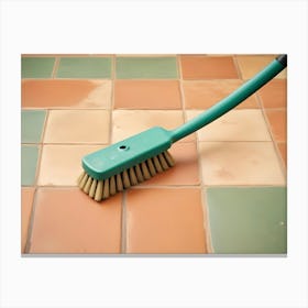 Close Up Of A Green Cleaning Brush With Brown Bristles, Resting On A Patterned Tiled Floor Canvas Print