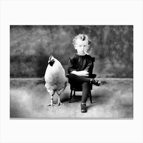 Boy And A Chicken, Boy Smoking a Cigarette, Funny, Vintage Black and White Old Photo Canvas Print