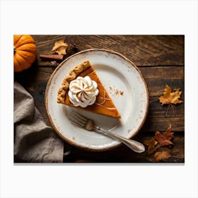 Pumpkin Pie Slice Topped With Whipped Cream Captured From Above Resting On The Weathered Wooden Sur Canvas Print