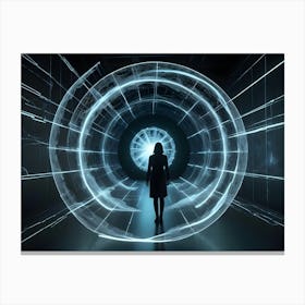 A Woman In Silhouette Stands In A Dark Room With A Glowing, Blue Portal In The Background Canvas Print