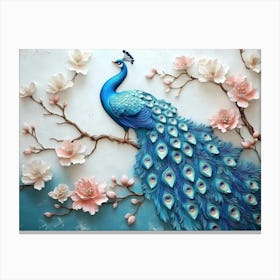 3d Artwork Background Blue Peacock On Branch Art With Flowers 2 Canvas Print