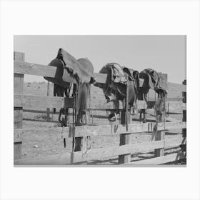 Cowboys Saddles On The Corral Fence, Roundup Near Marfa, Texas By Russell Lee Canvas Print