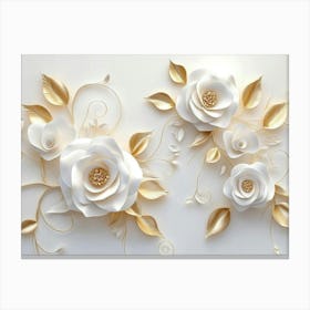 3d White Roses On A White Background, Golden Leaves, An Elegant Floral Pattern Canvas Print