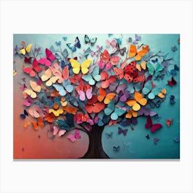 Multicolor Flower with Leaves and Butterflies Above on the Tree Canvas Print