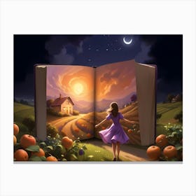 Woman Walking Toward A House On A Hillside With A Book Opening Behind Her 3 Canvas Print