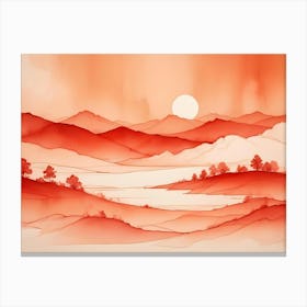 Watercolor Painting Of A Red Sunset Over A Landscape With Mountains And A Lake Canvas Print