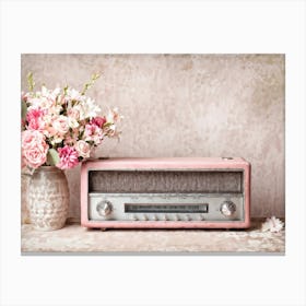 Vintage Radio Pastel Pink And Soft Grey Palette Adorned With An Arrangement Of Pastel Flowers Sep Canvas Print