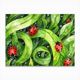 Ladybugs On Green Leaves 2 Canvas Print