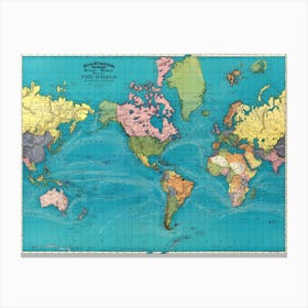 Vintage world map. Relief shown by hachures. Shows time zones, etc. In upper margin: Rand, McNally & Company's indexed atlas of the world. Canvas Print