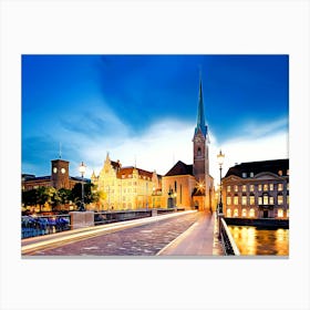 Fraumuenster Church, Muenster Bridge At Dusk Canvas Print