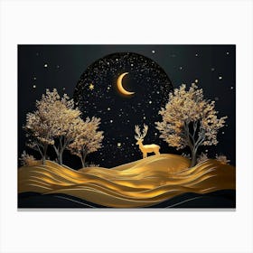 3d Artwork Night Landscape with A Dark Black Background with Stars and Moon, Golden Tree Canvas Print