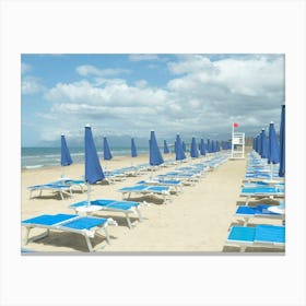 Blue Italian Umbrellas - Sicilian Beach Sunbeds - Italy Travel Photography Canvas Print