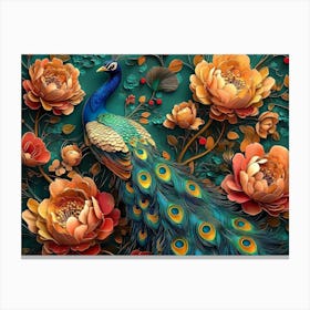 Bright Color Floral with Exotic Oriental Pattern Flowers and Peacocks 2 Canvas Print