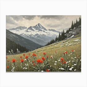 Vintage Oil Painting of indian Paintbrushes in a Meadow, Mountains in the Background 8 Canvas Print