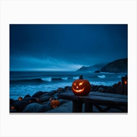 Coastline Celebration Captured At Dusk A Single Jack O Lantern With A Carved Face Glowing Eerily On (4) Canvas Print