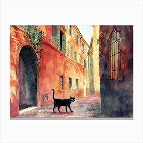 Black Cat In Bologna, Italy, Street Art Watercolour Painting 4 Canvas Print