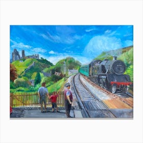 Steam train at Corfe castle Canvas Print