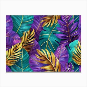 Tropical Colorful Leaves in Blue Green Gold Purple Hand Painted 3d Illustration Floral Seamless Pattern Canvas Print