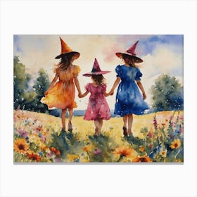 Little Summer Witches Playing in the Meadow - Colorful Watercolor Witchy Art by Lyra the Lavender Witch - Pagan Wiccan Rainbow Fairytale Artwork Print for Gallery Wall Flowers Sunshine Summer Solstice Litha HD Canvas Print