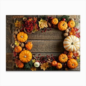 An Assortment Of Autumnal Fruits And Vegetables Laid Out In A Rustic Wooden Table Arrangement Inclu Canvas Print