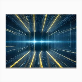 An Abstract, Futuristic Digital Art Composition Featuring A Grid Of Glowing Blue And Yellow Lines Creating A Corridor Or Passageway Into A Bright Light At The End Canvas Print