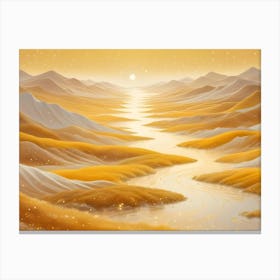 A Golden River Winding Through A Valley In A Landscape With Golden Hills And A Glowing Sun In The Distance Canvas Print