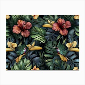 Tropical Exotic Seamless Pattern With Gold Hibiscus, Hummingbirds, Protea Flowers, Vintage Banana Leaves, Palm Leaves 1 Canvas Print