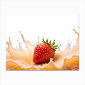 A Vibrant Image Of A Strawberry Submerged In A Creamy, Orange Splash, Creating A Dynamic And Delicious Scene Canvas Print