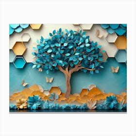 3d Tree in Turquoise and Blue Leaves with Colorful Hexagons Canvas Print